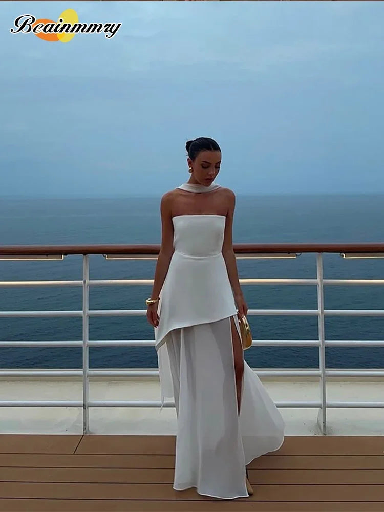 Maglie di nastro senza spalline alla moda Maxi abito Maxi abito Elegante senza maniche per vacanze senza schiena 2025 Nuove donne Abiti da spiaggia