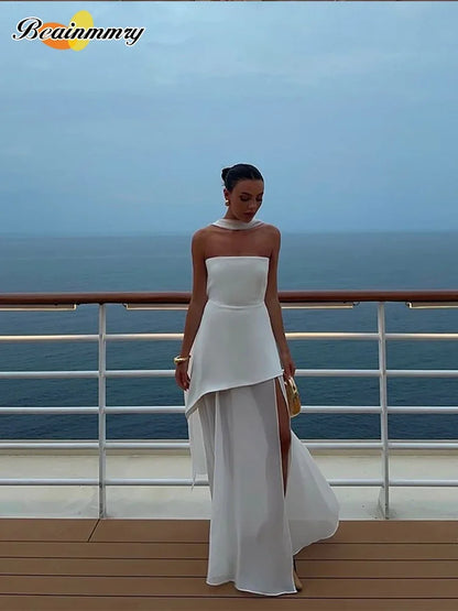 Maglie di nastro senza spalline alla moda Maxi abito Maxi abito Elegante senza maniche per vacanze senza schiena 2025 Nuove donne Abiti da spiaggia