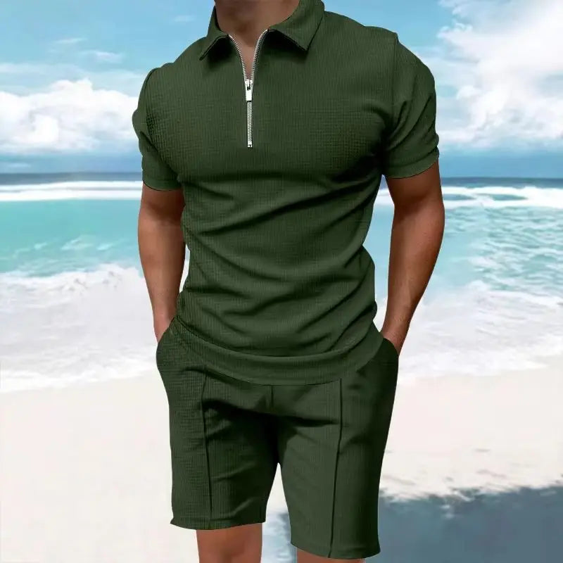 Heren comfortabel wafelpolo shirt met korte mouwen en shorts set - ademende lichtgewicht lente/zomerkleding