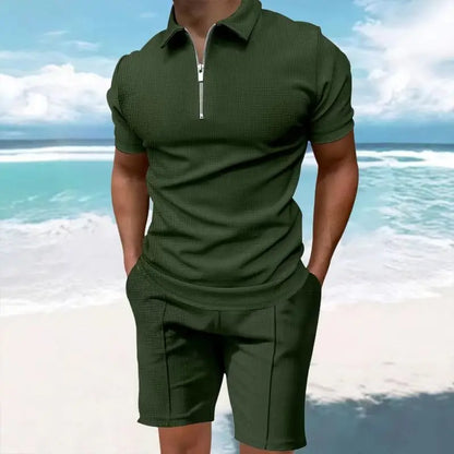 Heren comfortabel wafelpolo shirt met korte mouwen en shorts set - ademende lichtgewicht lente/zomerkleding