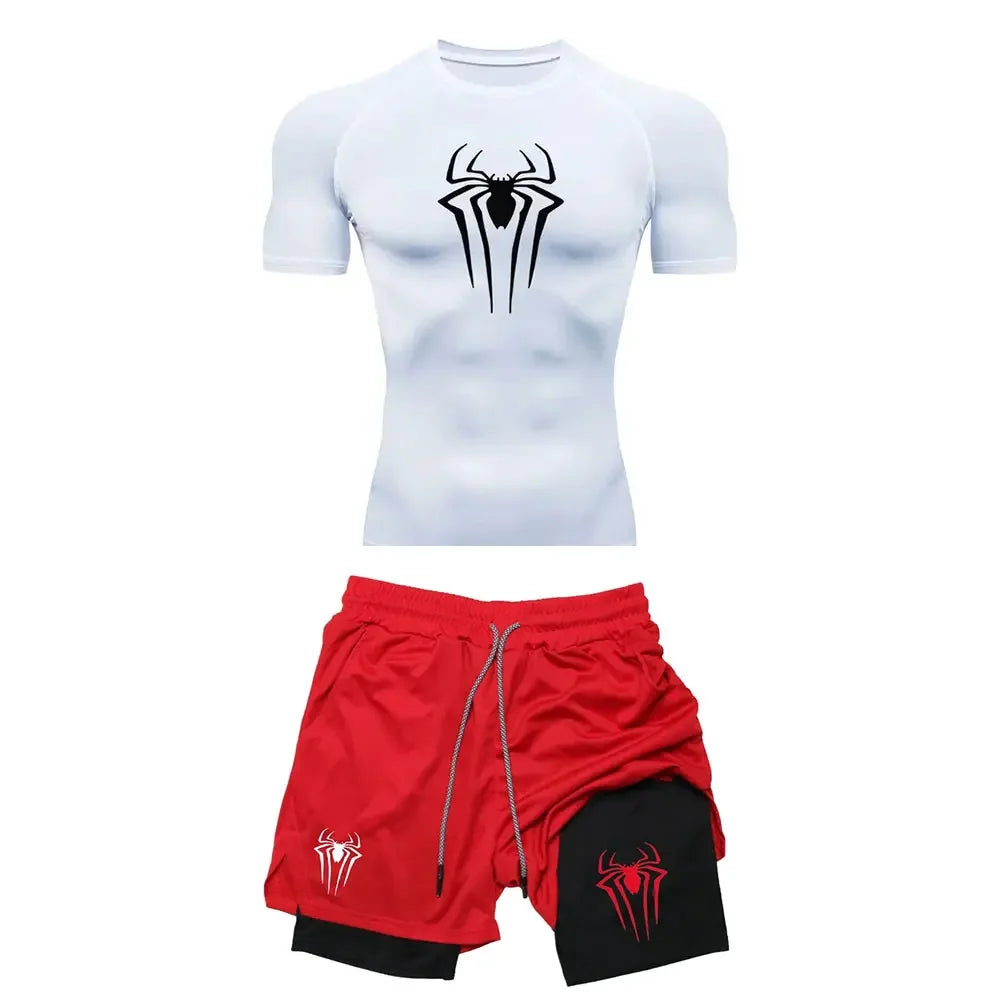 Herrträningskomprimering set y2k spindel tryckt gym tshirts andningsbara löpning shorts snabb torr sport utslag skydd sportkläder set