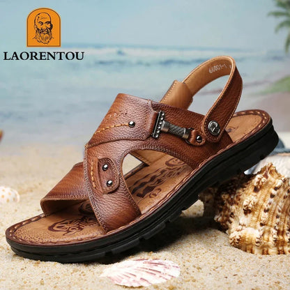Laorentou lederen mannelijke sandalen casual strandschoenen dragen niet-slip sandalen en sliers koehide