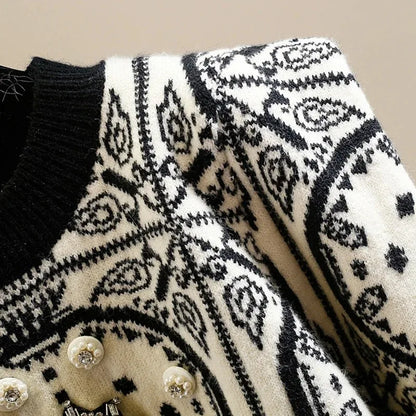 Geometric Knitted Soft Diamonds Beading Vintage O-Neck Women's Sweater Korean Fashion Jumpers Female Short Pullovers Chic Tops