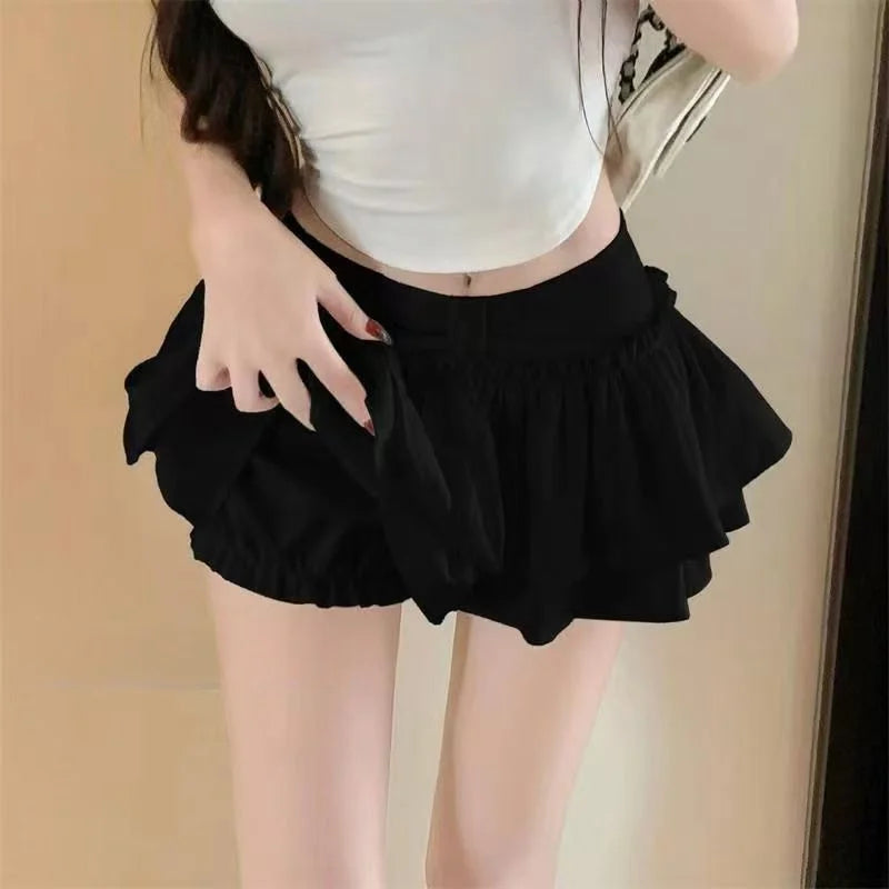 Shorts chique coreano chique em camadas de balé kawaii chique doce princesa mini saias elegantes elástica cintura alta saia combinando