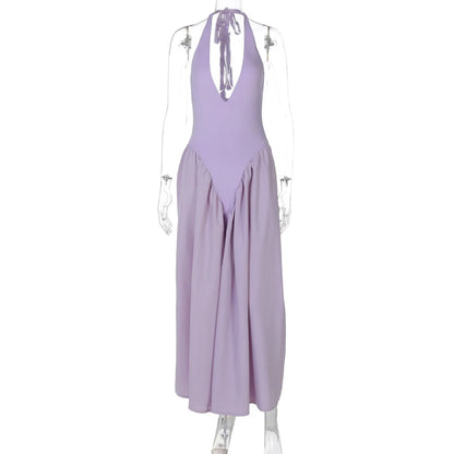 Talenza Backless Deep V Spliced Long Dress Summer Women's Sexy Party Kjole Halter Ny mode Slim hvid ærmeløs lang kjole
