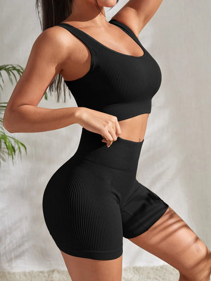 Seamless gerippte Yoga -Sets Trainingssets für Frauen 2 Stücke Fitnessstudio -Anzüge gerippte Crop Tank High -Taille -Shorts Outfits Fitness Running