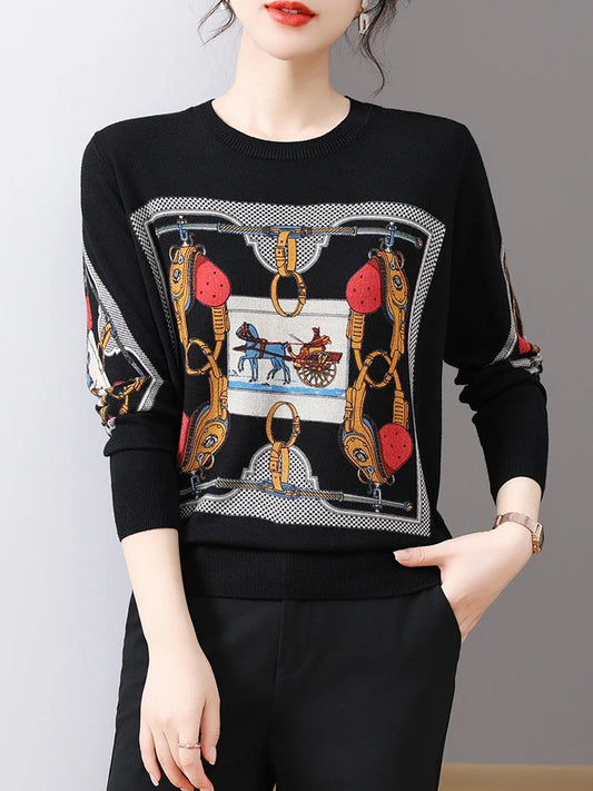 YISU Women Sweater O-Neck Long Sleeve Knitted Jumper 2023 Autumn Winter Pullovers Women Cartoon Carriage Pattern Printed Sweater