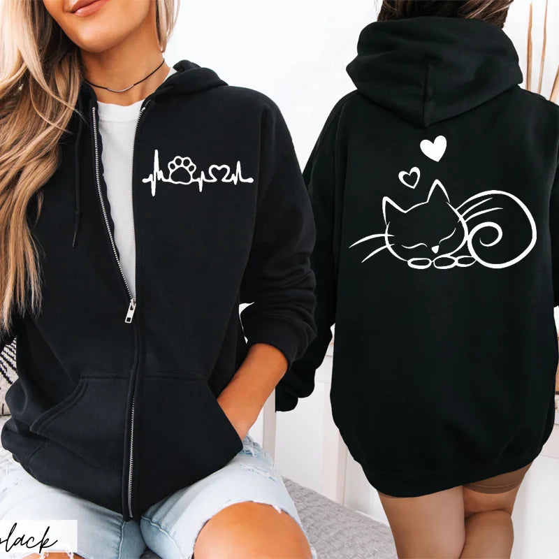 Women Zipper Hoodie Clothes Autumn Winter New Cute Cat Heatbeat Sweatshirt Hip Hop Streetwear Women Zip Up Jacket Coat Clothing
