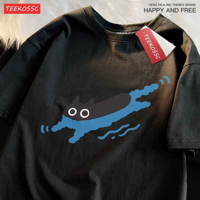 Paar T-stukken zwemmen zwarte kat duiken schouder schouder korte mouwen t-shirt voor mannen vrouwen ademende casual pure katoenen losse tops