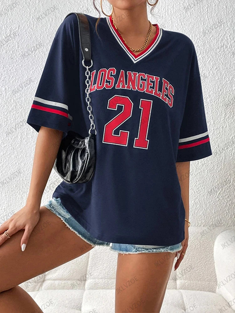 New Los Angeles No.21 Printed T-Shirt For Women Summer  V-Neck Short Sleeve Sports Football Jersey Y2K Loose Oversized Tops