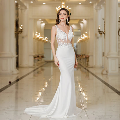 MissHow Elegant Straps White Mermaid Brudekjoler blonder Pearls Backless V Neck ermeløs formelle festkjoler Vestido Marriee