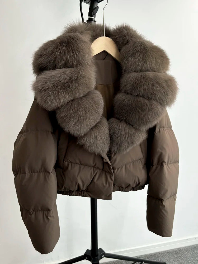 Janveny Big Natural Fox Fur Coat Women 2025 Autumn Winter Female Parkas 90% White Duck Down Jacket Feather Short Puffer Coat