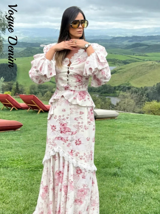 Elegant Print Tops Skirts Sets Women Full Flare Sleeve V-neck Shirts Hip Package Skirt Set Female 2025 Summer Fall Lady Suits