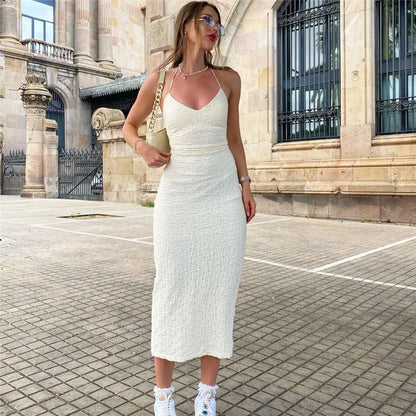 Накъде са елегантни рокли без ръкави Y2K Summer Backless Slim с ниско изрязване на женска рокля Модна солидна плетена улично облекло клуб Robe