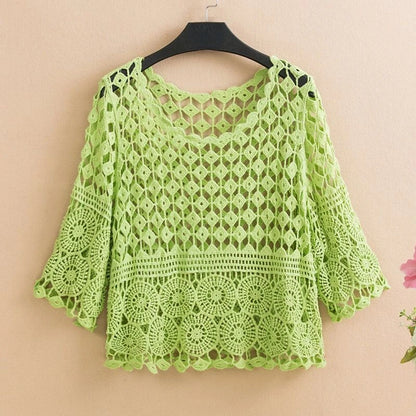 Women 2025 Spring Summer New Hook Flower Hollow Loose Pullovers Female Shawl Knitted Tops Ladies Short Jumper Sweater Tops W38