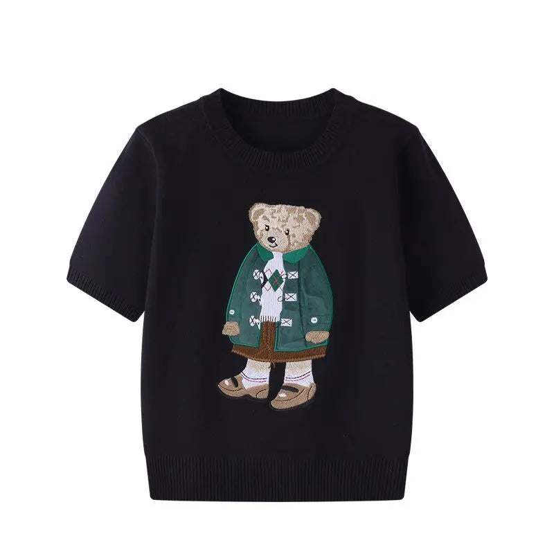 Eurooppalainen tyylinen luksusbrändi löysä O-kaula-aukkoa Pullover Tops Neule Woman Lyhythihainen T-paita Ladies Wooleulottu villapaita