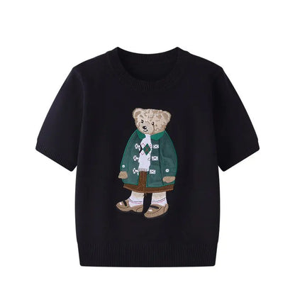 Eurooppalainen tyylinen luksusbrändi löysä O-kaula-aukkoa Pullover Tops Neule Woman Lyhythihainen T-paita Ladies Wooleulottu villapaita