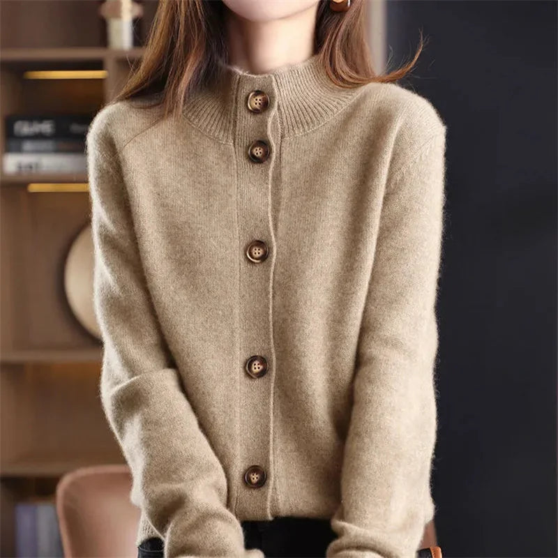 Autumn Winter New Stand collar Knitted Cardigan Solid Loose Short Jacket Women's Korean version Long sleeved Sweater Casual top