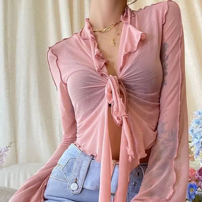 Lange Fackelhülle Blusen für Frauen Schnürmisch sexy süße heiße Mädchen koreanischer Modestil Alleinstimmig Solid Design Elegant Casual Casos