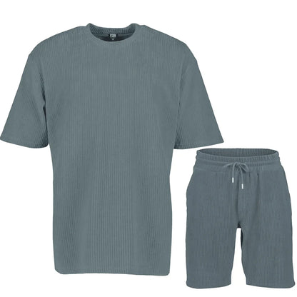 2025 Men's Summer Sports Casual Solid Color Striped Suit Loose Crew Neck Short-sleeved Drawstring Shorts Two-piece Set