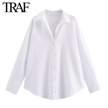TRAF Women Fashion Spring Cotton Oxford Long Sleeve Single-breasted Lapel Blouse Street Clothing Shirt Chic Ladies Tops Mujer