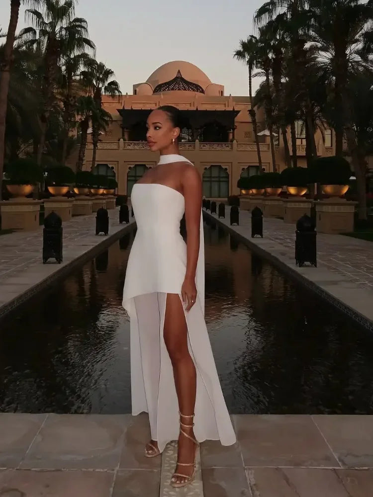 Maglie di nastro senza spalline alla moda Maxi abito Maxi abito Elegante senza maniche per vacanze senza schiena 2025 Nuove donne Abiti da spiaggia