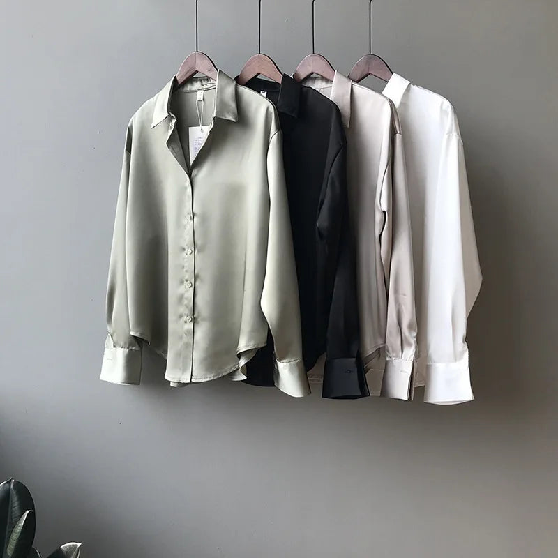 Spring Fashion Button Up Satin Seidenhemd Vintage Bluse Frauen weiße Tops Lady Long Sleeves weibliche losen Straßenhemden 11355