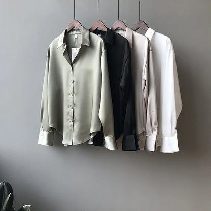 Spring Fashion Button Up Satin Seidenhemd Vintage Bluse Frauen weiße Tops Lady Long Sleeves weibliche losen Straßenhemden 11355