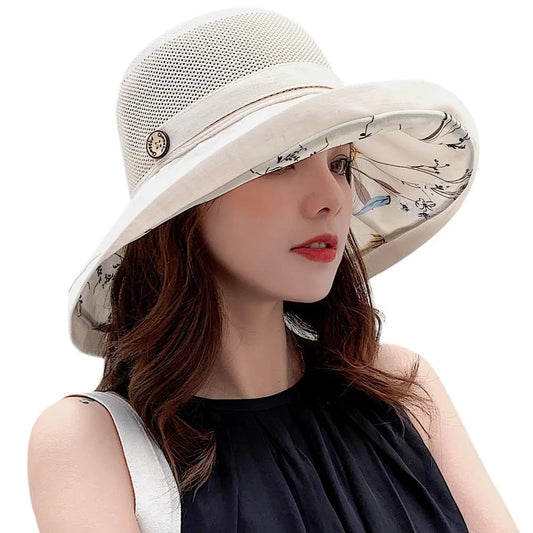 Summer Hats Women's Double-sided Bucket Hat Korean Version Mesh Pattern Button Pot Hat Outdoor Sunscreen Hat
