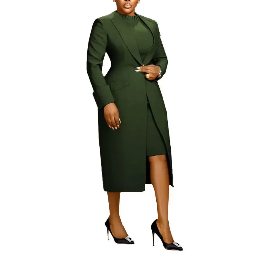 Women's Set Full Sleeve Long Blazer Coat+ Long Dress Suit  Winter Streetwear Two 2 Piece Set Africa OL Work Outfits