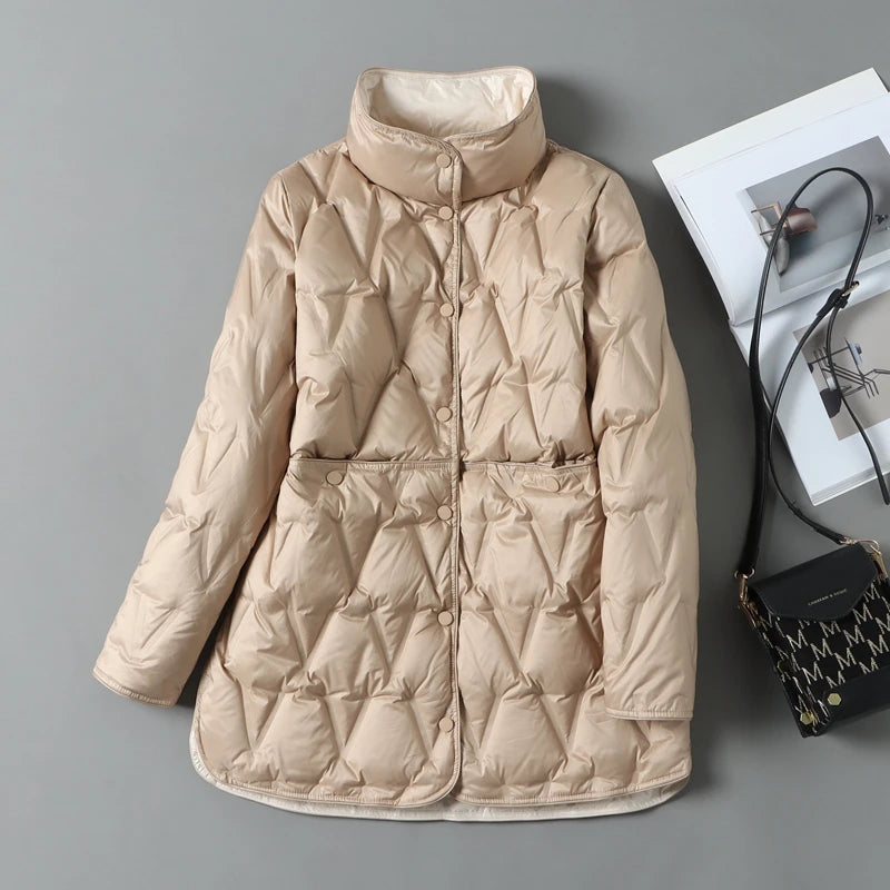 Lagabogy 2025 New Autumn Winter Women Ultralight White Duck Down Long Jacket Female Single-Breasted Double Sided Puffer Coat