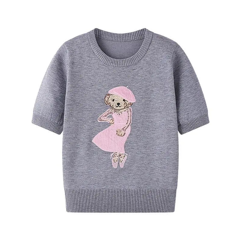 Eurooppalainen tyylinen luksusbrändi löysä O-kaula-aukkoa Pullover Tops Neule Woman Lyhythihainen T-paita Ladies Wooleulottu villapaita