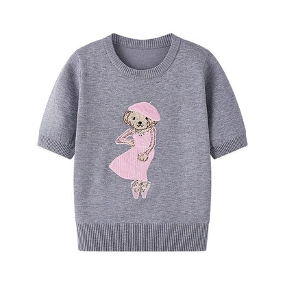 Eurooppalainen tyylinen luksusbrändi löysä O-kaula-aukkoa Pullover Tops Neule Woman Lyhythihainen T-paita Ladies Wooleulottu villapaita