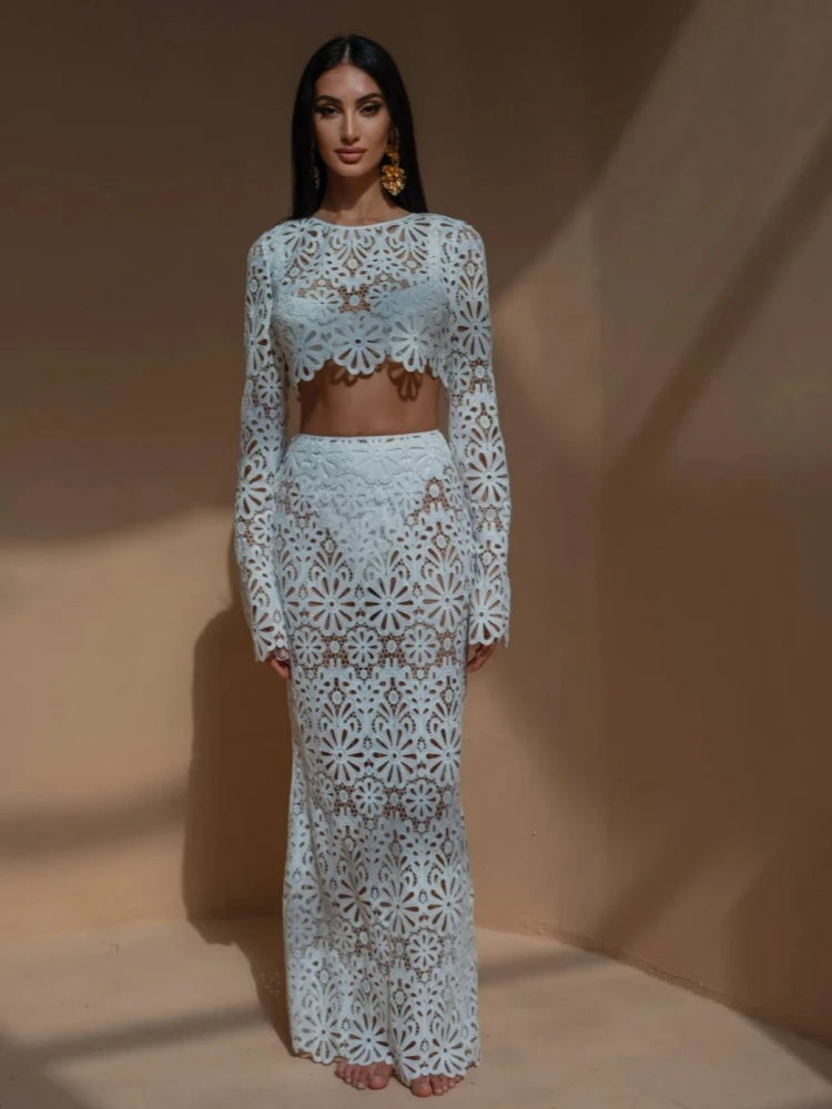 White Elegant Embroidery Hollow Out Beach Dresses Set Sexy See Though Crop Tops Long Skirts Women Sets Summer Women Outfits