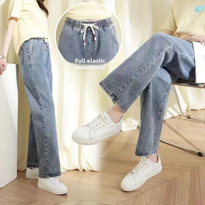 Talie înaltă cu talie lată drept tăiat drept de culoare elastică elastică blugi din denim pentru dimensiuni de dimensiuni de plus studenți tata sle pantaloni casual