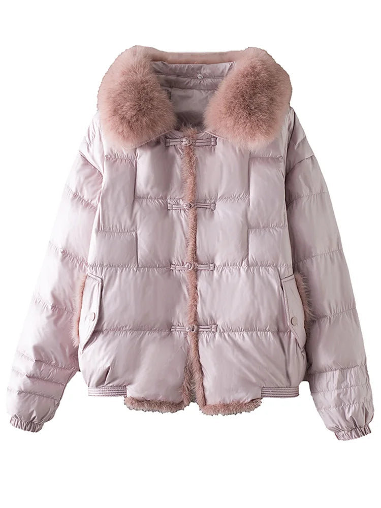 Lagabogy 2025 Real Fox Fur Collar Winter Women 90% White Duck Down Jacket Lady Short Warm Puffer Coat Female Loose Vintage Parka