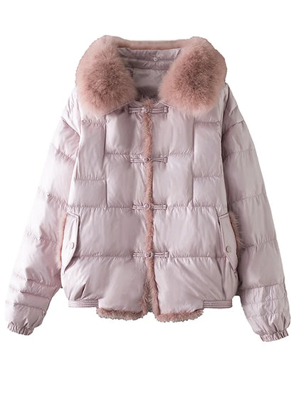 Lagabogy 2025 Real Fox Fur Collar Winter Women 90% White Duck Down Jacket Lady Short Warm Puffer Coat Female Loose Vintage Parka