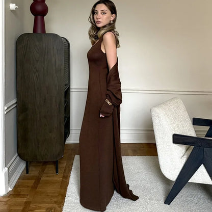 Tuularose žene dugačka haljina 2 komada solidna pletena špageta haljina s dugim rukavima kardigan set casual modne ženke set set