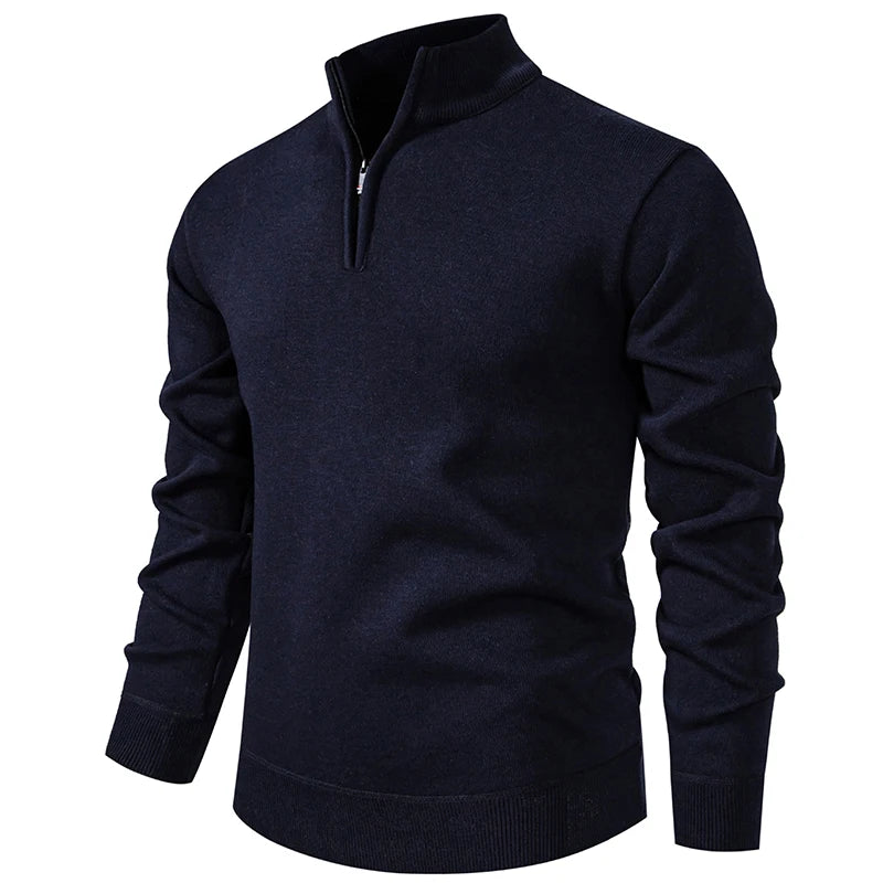 Autumn Winter Men's Half Zipper Knitted Pullovers Solid Slin Fit Casual Sweater Male Fleece Warm Stand Collar Pullover Sweaters