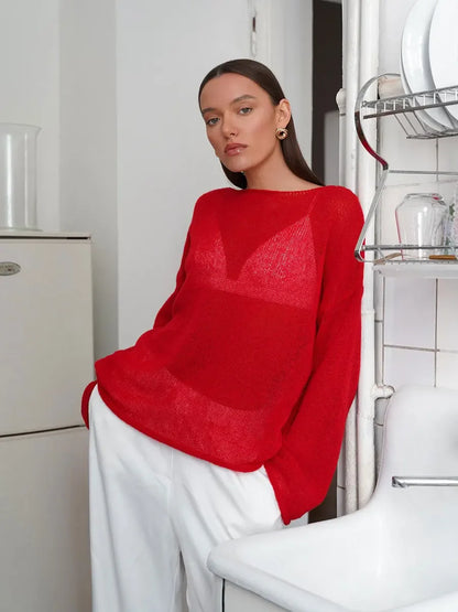 Talenza Hollow Knitted Sweater Pullover Women's Solid See-through O-Neck Long Sleeve Knitted T-Shirt Loose Casual Pullover 2025