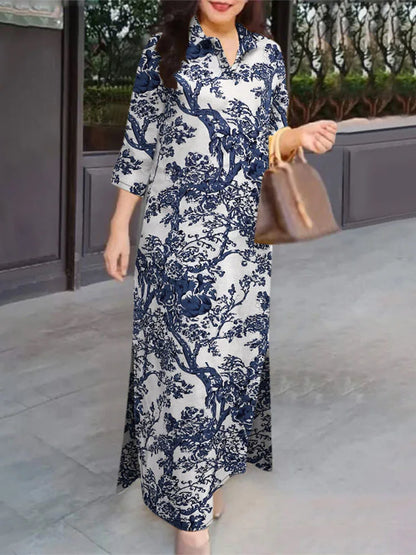 Zanzea Kvinder 3/4 ærme Lange kjoler Fall 2024 Fashion Lapel Neck Cotton Shirtdress Vintage Floral Print Maxi Shirt Dress Ny i