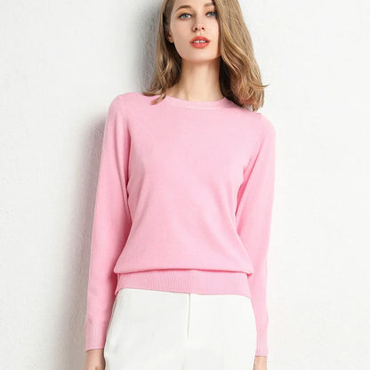 Women Slim O-Neck Solid Pullover Cashmere Wool Blending Sweater Autumn And Winter Long-Sleeved Knit Bottoming Shirt Large Size