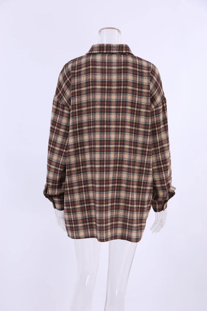 Spring Autumn Vintage Plaid Checkered Shirt Women's Long Sleeve Blouse Loose Single Breasted Casual Shirt