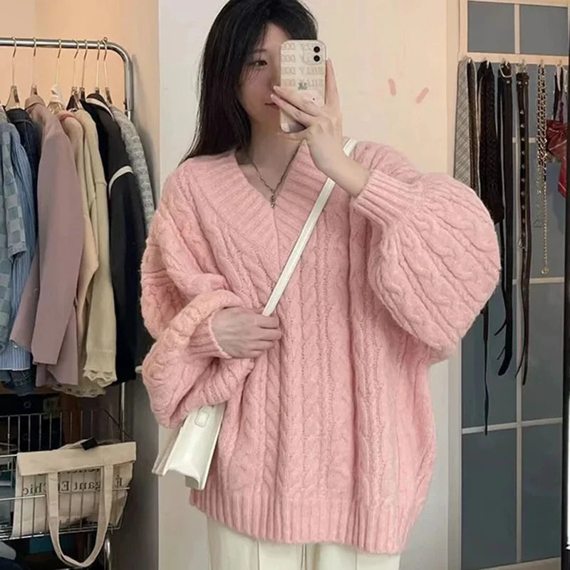 Haust vetrar konur peysa harajuku stór prjónað pullovers kóreska langerma v háls prjóna preppy solid laus stökkvari