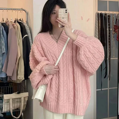 Haust vetrar konur peysa harajuku stór prjónað pullovers kóreska langerma v háls prjóna preppy solid laus stökkvari