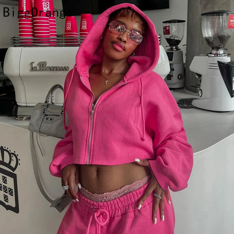 Y2K modă europeană și americană cu glugă scurtă pentru femei Costum sportiv subțire cu mâneci lungi de top cu curea cu centură pantaloni sportivi la modă