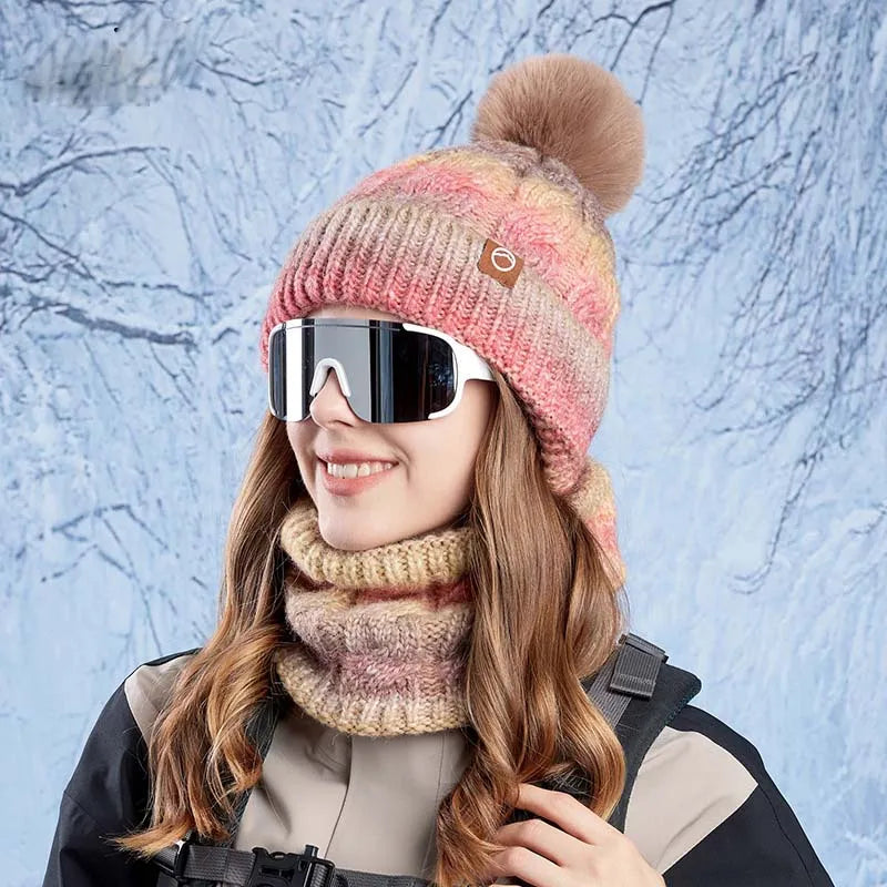 2pc/Set Winter Warm Ear Protecting Knitted Cap Scarf Fleece Thickened Gradient Color Knitted Woolen Cap Pom Ball Pullover Cap