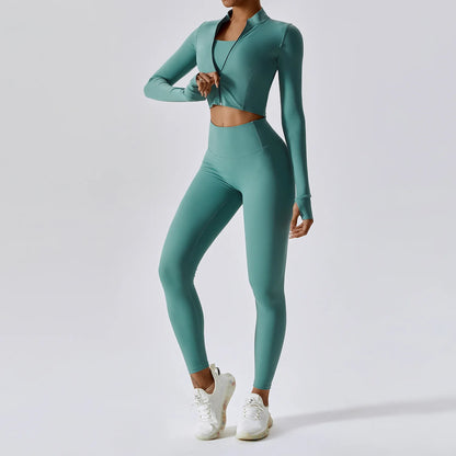 3 Pieces Women Tracksuit Yoga Set Workout Sportswear Gym Clothing Fitness Long Sleeve Crop Top High Waist Leggings Sports Suits