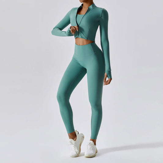 3 Pieces Women Tracksuit Yoga Set Workout Sportswear Gym Clothing Fitness Long Sleeve Crop Top High Waist Leggings Sports Suits