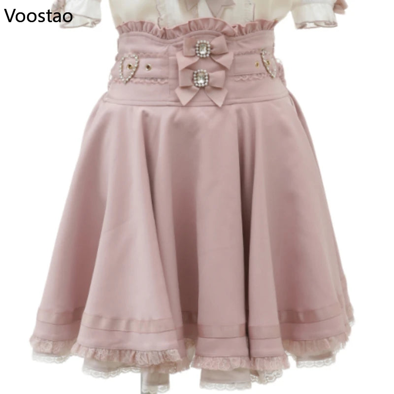 Gothic Lolita trak dvojna premca z visokim pasom krilo ženske sladke bisere Buckle čipkaste krilo japonsko luštno a-line mini krila